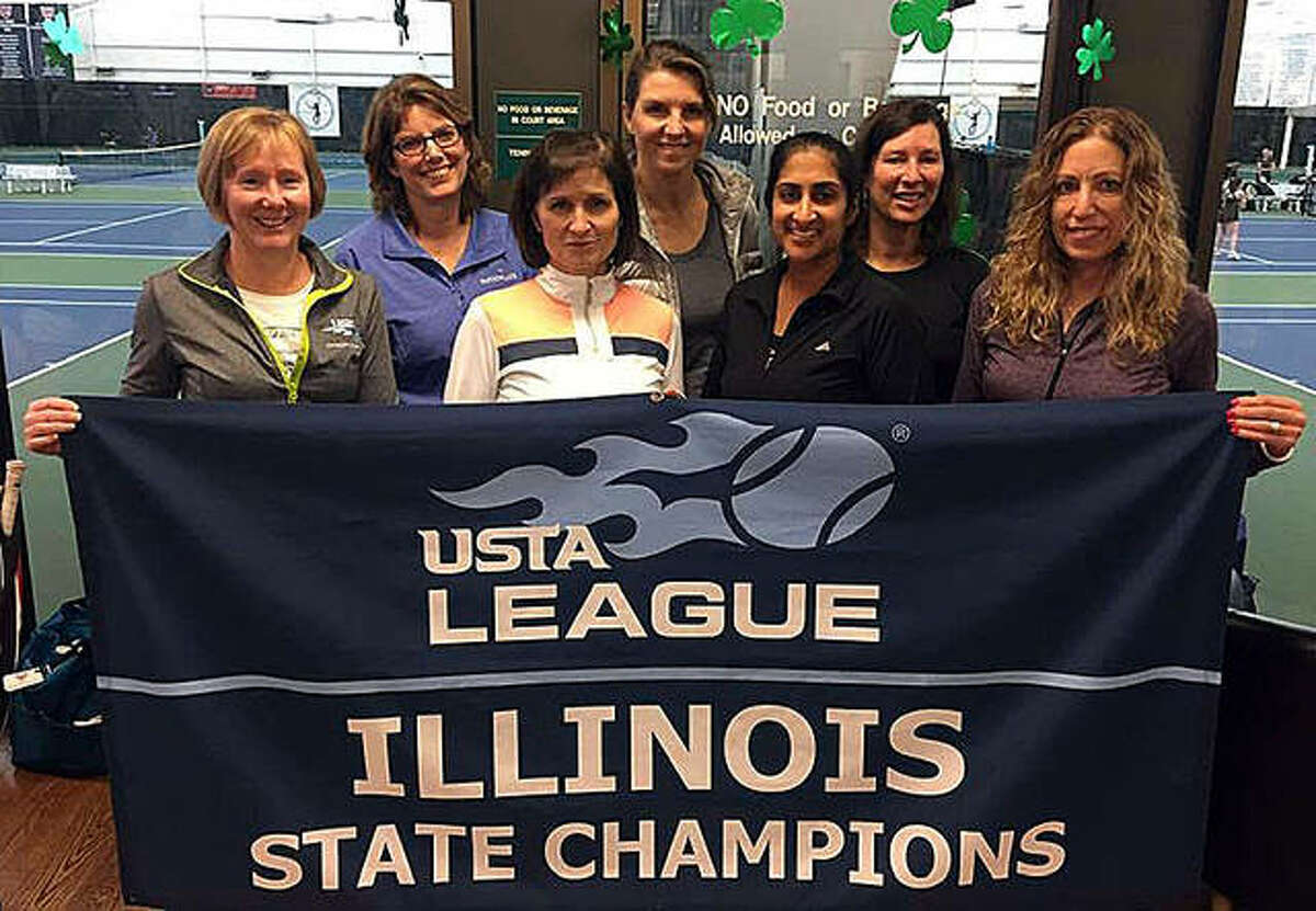 Edwardsville graduate Lori (Zupanci) Saguto, third from left, and her USTA League teammates celebrate their Illinois state championship in February 2019.
