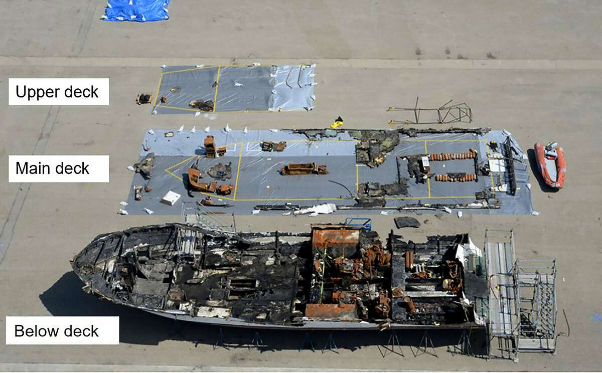 The wreckage of the dive boat Conception lies on a dock in Southern California. The fire killed 34.