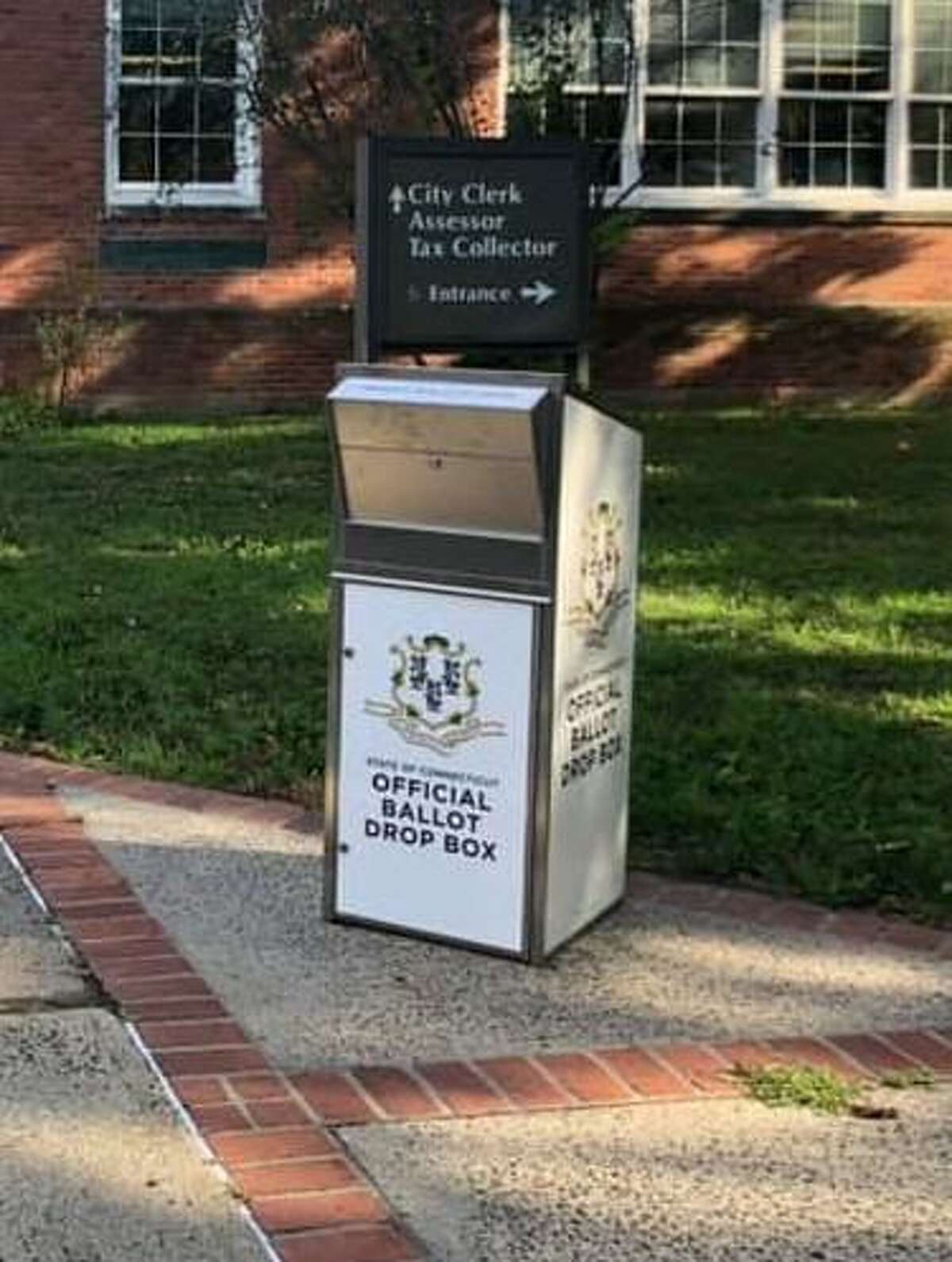 An absentee ballot drop box outside of Milford City Hall.