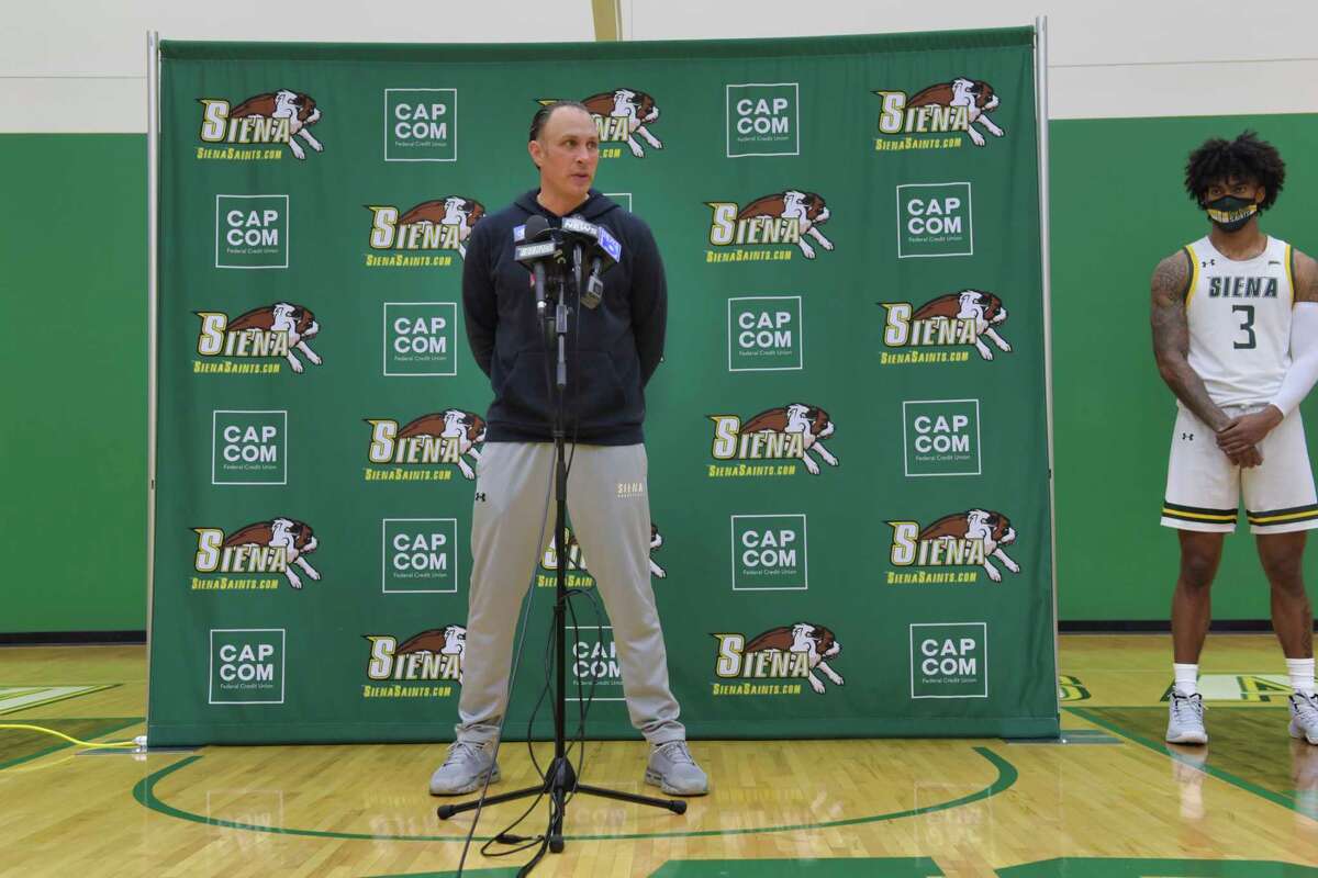 Siena men's basketball coach Carmen Maciariello speaks at a press conference at the college on Tuesday, Oct. 20, 2020, in Loudonville, N.Y. (Paul Buckowski/Times Union)