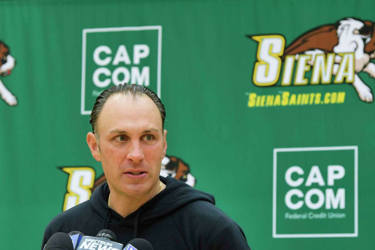 Siena men's basketball coach Carmen Maciariello speaks at a press conference at the college on Tuesday, Oct. 20, 2020, in Loudonville, N.Y. (Paul Buckowski/Times Union)