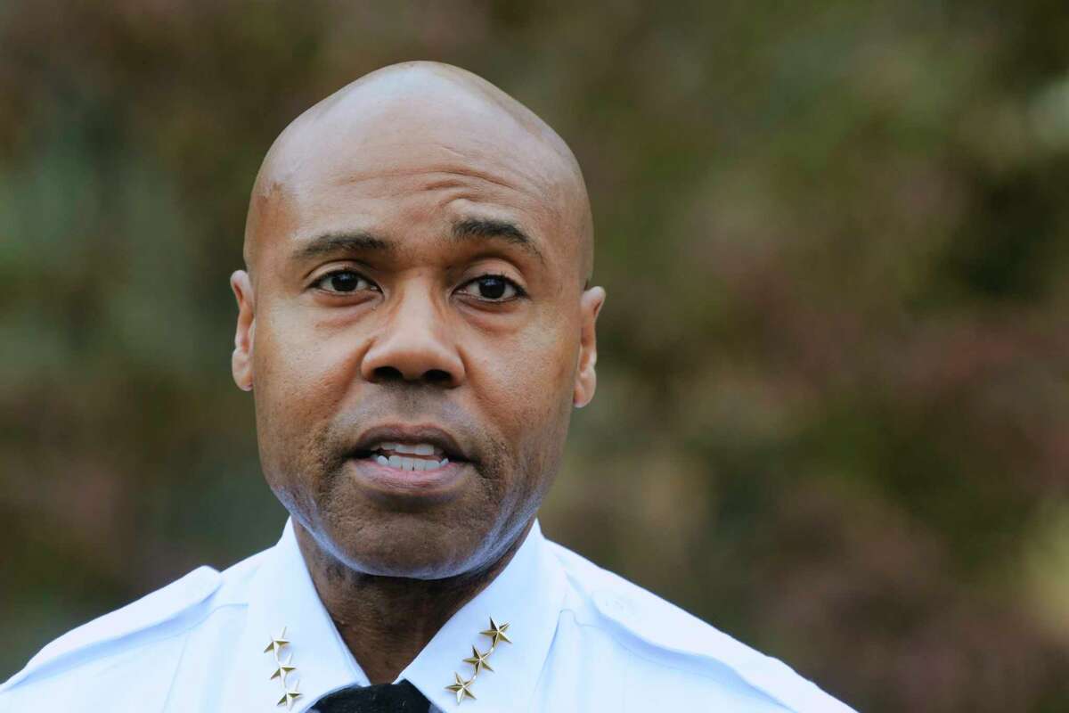 Albany Police Chief Eric Hawkins talks to members of the media about gun violence in the city during a press conference on Tuesday, Oct. 20, 2020, in Albany, N.Y. (Paul Buckowski/Times Union)