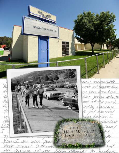 Tina Faelz was a student at Foothill High School in Pleasanton when she was stabbed to death by a classmate. A yearbook photo showed Tina (left) waving toward her mother’s car. A memorial marker now sits outside the school. Photo: Photo Illustration With Images From Foothill High School Yearbook And Noah Berger