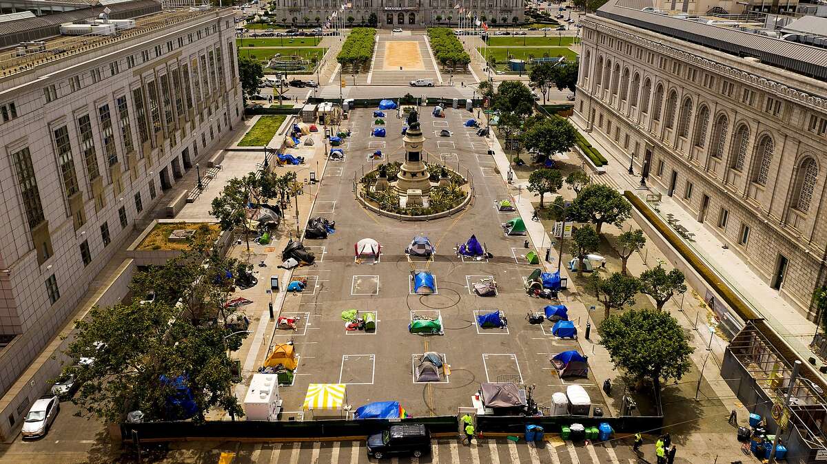 One of San Francisco’s sanctioned safe sleeping sites is across the street from City Hall next to the Main Library and the Asian Art Museum.