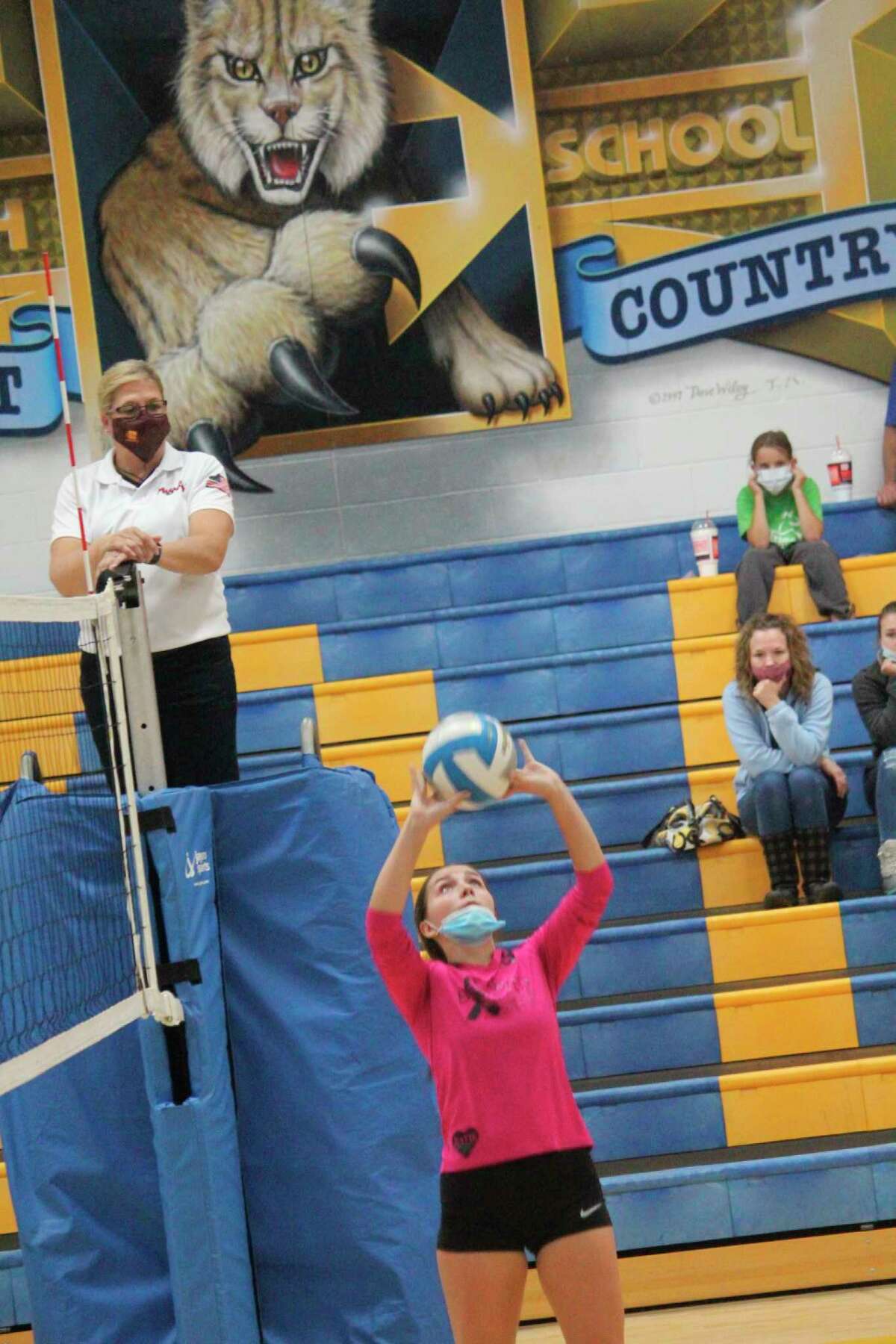 Evart's Deanna Conklin sets the ball against Pine River. (Herald Review photo/John Raffel)