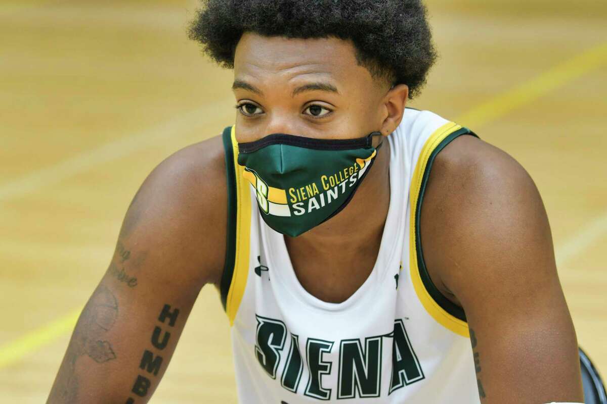 Siena men's basketball player Aidan Carpenter speaks at a press conference at the college on Tuesday, Oct. 20, 2020, in Loudonville, N.Y. (Paul Buckowski/Times Union)