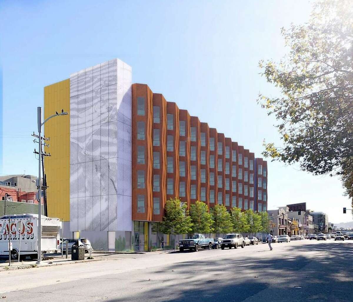 Charles and Helen Schwab have donated $65 million to a local nonprofit to build supportive housing for homeless people. One project will be a 145-unit apartment complex at 833 Bryant St. across from the Hall of Justice in San Francisco. This is a rendering of the building.