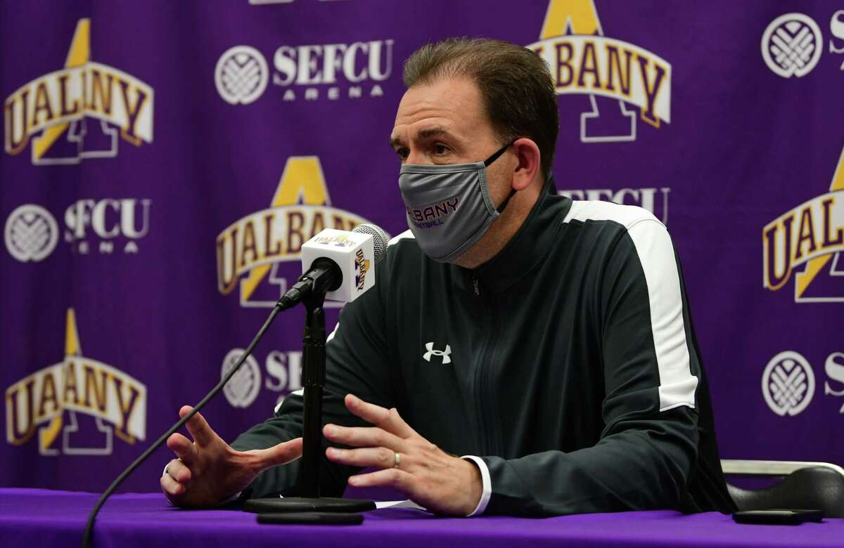 University at Albany men's basketball coach Will Brown speaks during a press conference before practice at the SEFCU Arena on Wednesday, Oct. 21, 2020 in Albany, N.Y. (Lori Van Buren/Times Union)