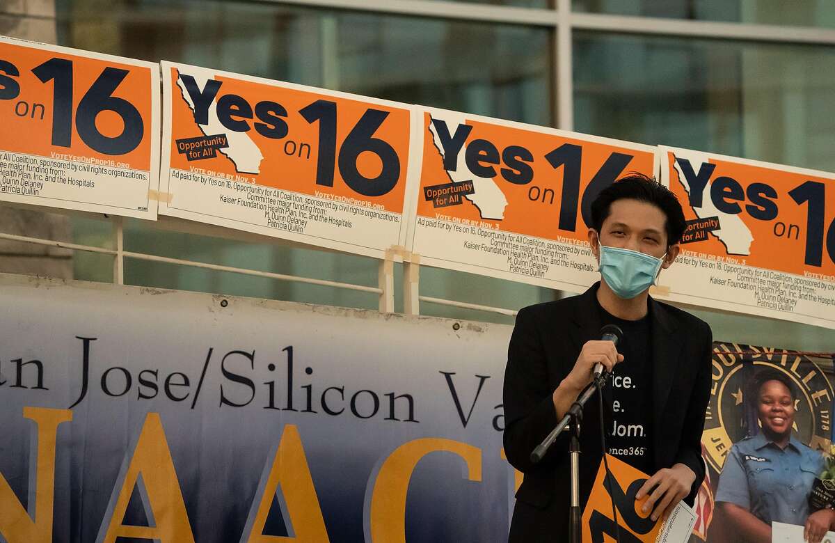 UC Berkeley law student Alex Mabanta rallies in San Jose for Proposition 16.