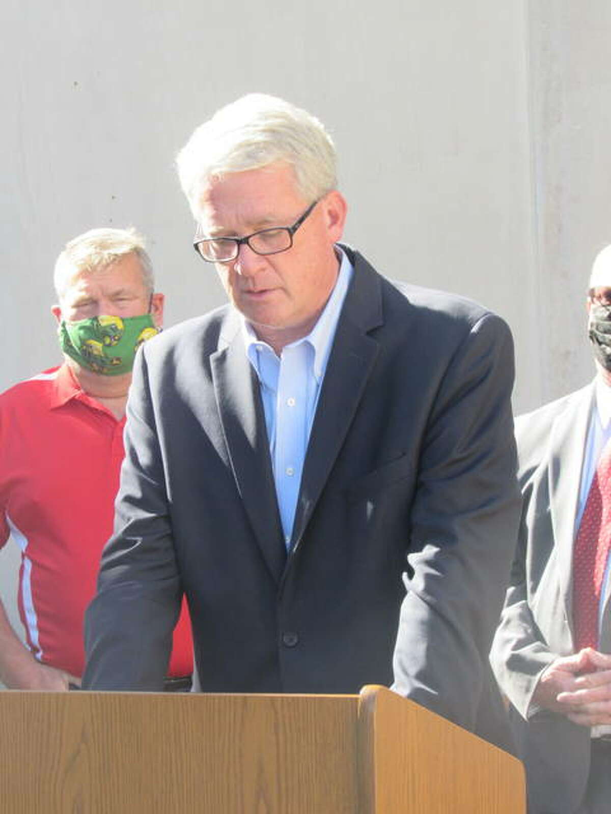 Illinois House Republican Leader Jim Durkin speaks Thursday outside the Madison County Courthouse in Edwardsville about proposed ethics and property tax reforms. He was joined by Madison County Chairman Kurt Prenzler and two Riverbend Republican legislative candidates, Amy Elik and Lisa Ciampoli.