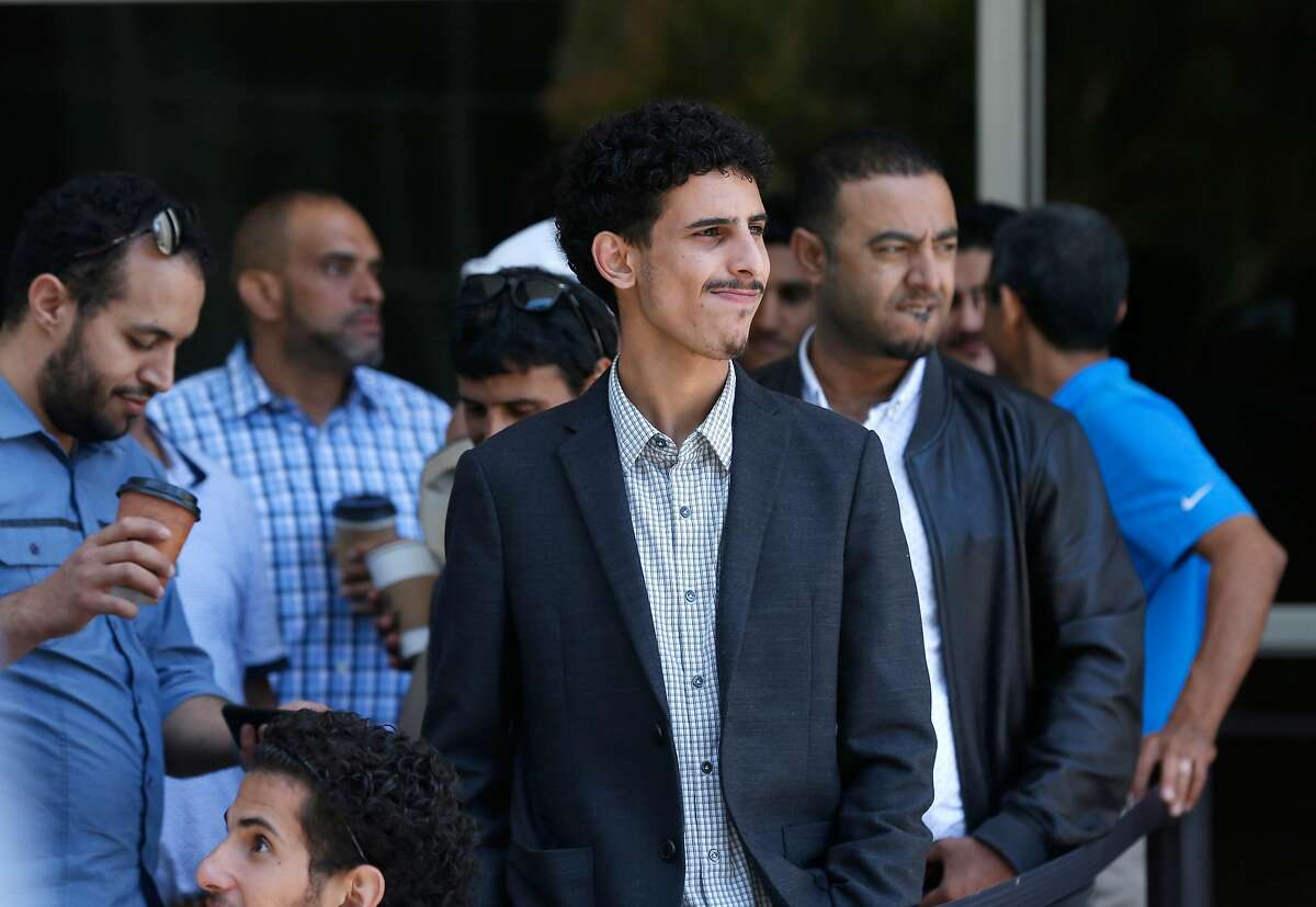 Supporters wait in a security line before suspect Amer Alhaggagi appears at a hearing on federal terrorism charges at the Phillip Burton Federal Building and Courthouse in San Francisco in 2018.