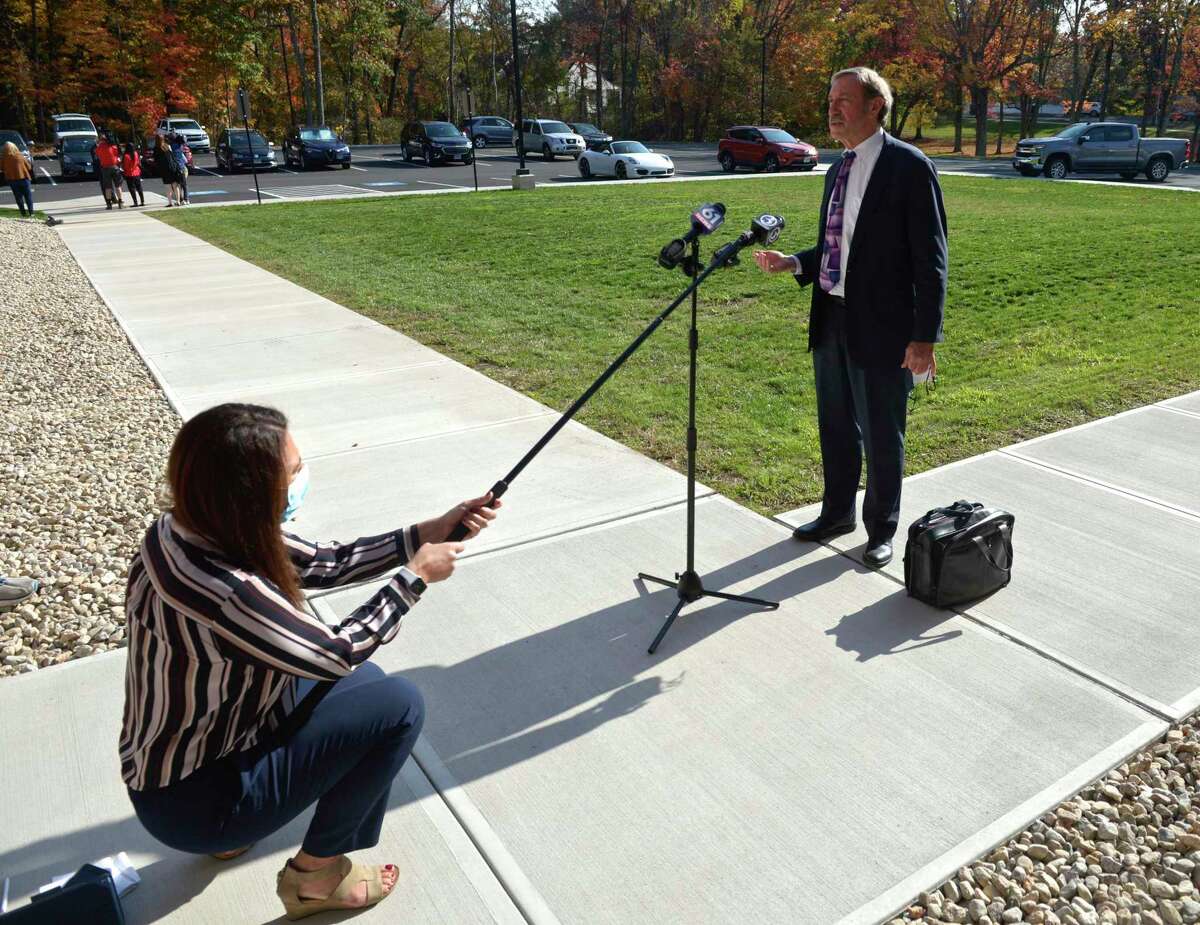 Attorney Jon Schoenhorn, who represents Michelle Troconis, talks to the media after a hearing at Farmington Regional Probate Court on the Fotis Dulos estate.Thursday afternoon, October 22, 2020, in Farmington, Conn.