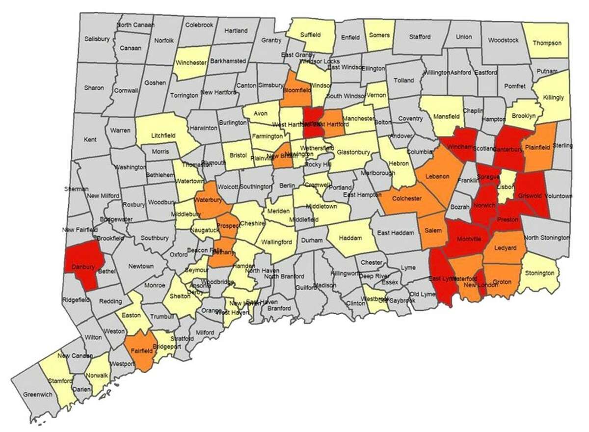 This map from the state of Connecticut shows daily COVID-19 infections per 100,000 residents, not including nursing homes, assisted living facilities and prisons, for the two-week period ending Oct. 15. Red is 15 or more; orange is 10 to 14; yellow is 5 to 9; and gray is less than 5.