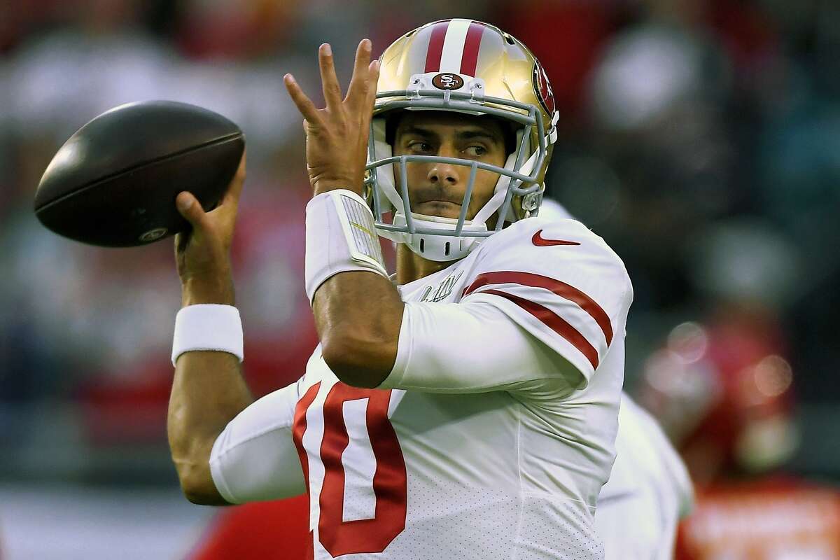 San Francisco 49ers' quarterback Jimmy Garoppolo warms up before the NFL Super Bowl 54 football game against the Kansas City Chiefs Sunday, Feb. 2, 2020, in Miami Gardens, Fla. Three years after being traded away by the Patriots, Garoppolo returns to New England as San Francisco's starting quarterback having led the 49ers to the Super Bowl last season.(AP Photo/Mark J. Terrill, File)