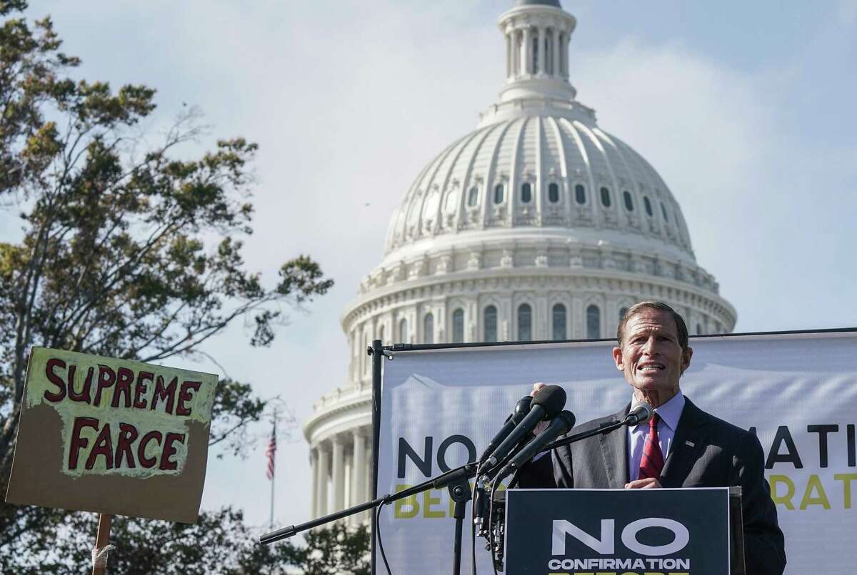 WASHINGTON, DC - OCTOBER 22: Senator Richard Blumenthal speaks during a protest calling for the Republican Senate to delay the confirmation of Supreme Court Justice Nominee Amy Coney Barrett at the U.S. Capitol on October 22, 2020 in Washington, DC. (Photo by Jemal Countess/Getty Images for Care In Action) *** BESTPIX ***