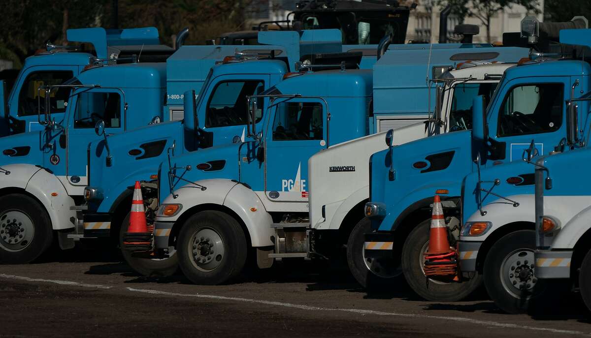 PG&E trucks at their temporary lot on the Silverado Trail on Thursday, Oct. 22, 2020 in Calistoga, Calif.
