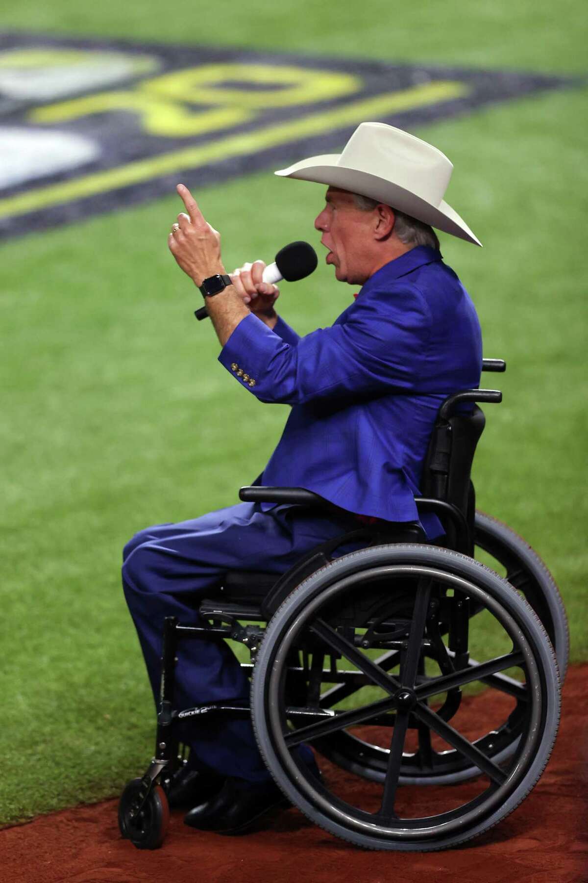 ARLINGTON, TEXAS - OCTOBER 20: Governor of Texas Greg Abbott ushers in the game by calling out the traditional “play ball!” prior to Game One of the 2020 MLB World Series at Globe Life Park between the Los Angeles Dodgers and the Tampa Bay Rays on October 20, 2020 in Arlington, Texas. (Photo by Ronald Martinez/Getty Images)