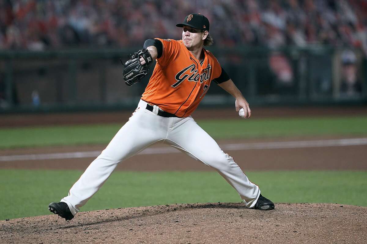 San Francisco Giants relief pitcher Caleb Baragar works against the San Diego Padres during the fourth inning of the second game of a baseball doubleheader Friday, Sept. 25, 2020, in San Francisco. (AP Photo/Tony Avelar)