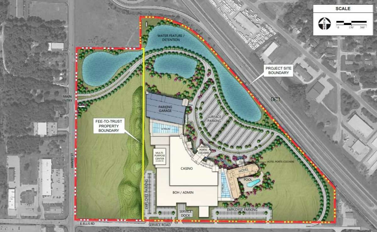 The proposed Little River Band of Ottawa Indians' Muskegon casino project would result in the transfer of 60 acres from fee to trust status, and the subsequent development of a casino, restaurants and bars, multi-purpose center, and an approximately 220-room hotel with a pool and fitness center. (Courtesy map/LRBOI)
