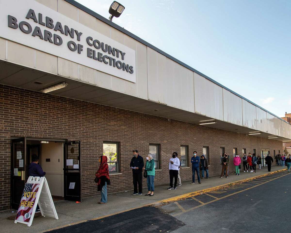 A long line of voters at the Albany County Board of Elections on Pearl Street in Albany NY, during the first day of early voting in New York state on Saturday, Oct. 24, 2020 (Jim Franco/special to the Times Union.)