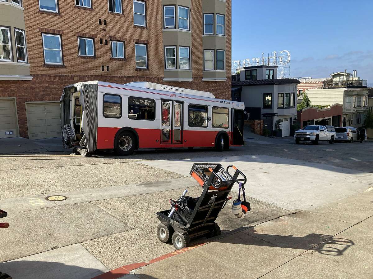 A severed Muni bus is featured in a Marvel Studios film in the works around Ghirardelli Square in San Francisco.