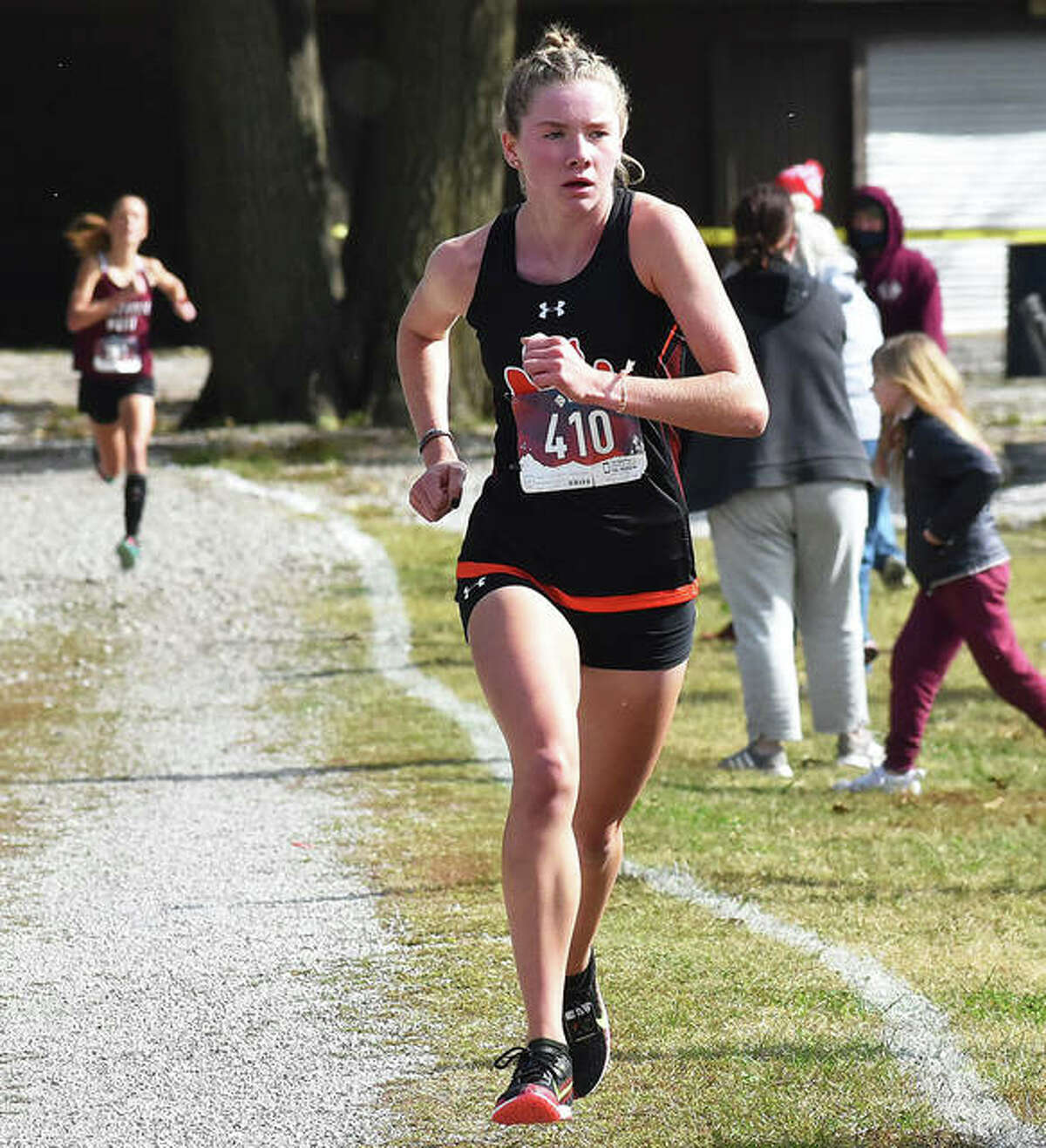 Edwardsville sophomore Riley Knoyle runs in third place during the Granite City Class 3A Regional on Saturday at Wilson Park. Knoyle finished third in the race to lead the Tigers to a third-place finish and berth in next Saturday’s Normal Sectional.