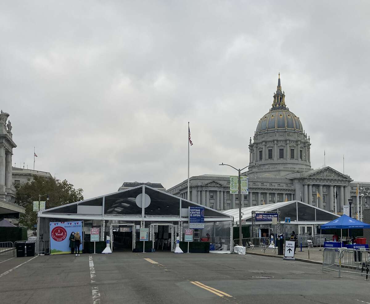 San Francisco's Department of Elections in October, 2020 erected a pair of tents in Civic Center Plaza for early voters because of coronavirus-related safety concerns. The tents hold 200 voting booths -- 50 more than what usually is provided (in closer quarters) in the regular location, City Hall's ground floor.