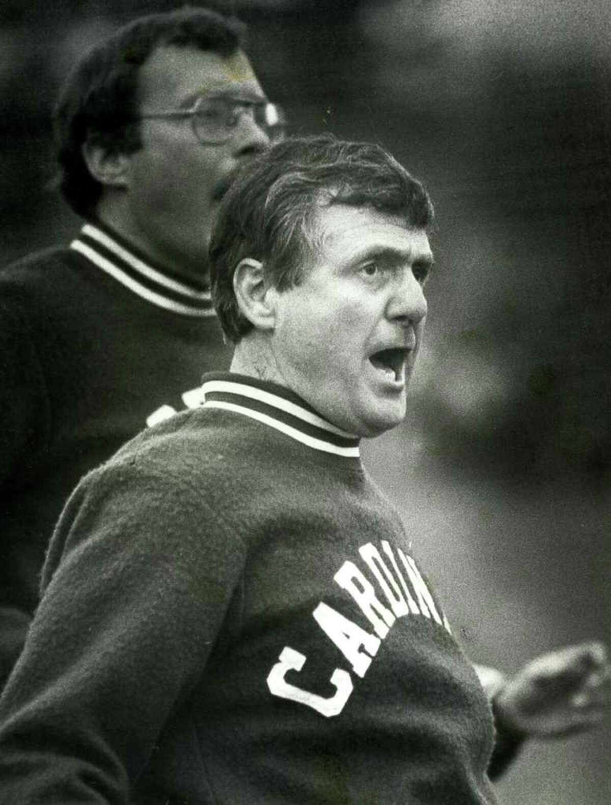 Greenwich coach Mike Ornato on the sidelines during Greenwich's 21-13 win over Ridgefield in the 1983 FCIAC championship game at Boyle Stadium.