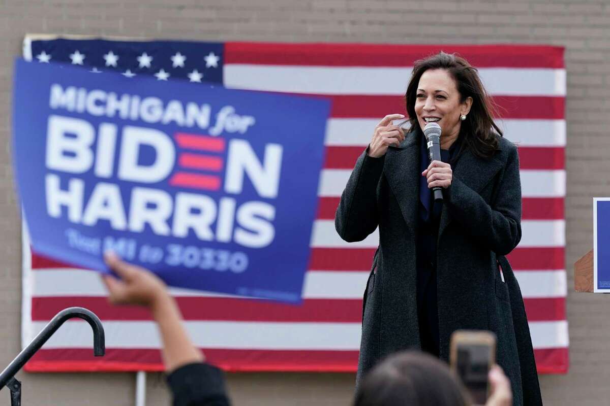Democratic vice presidential candidate Sen. Kamala Harris, D-Calif., speaks during a campaign event, Sunday, Oct. 25, 2020, in Detroit. (AP Photo/Carlos Osorio)