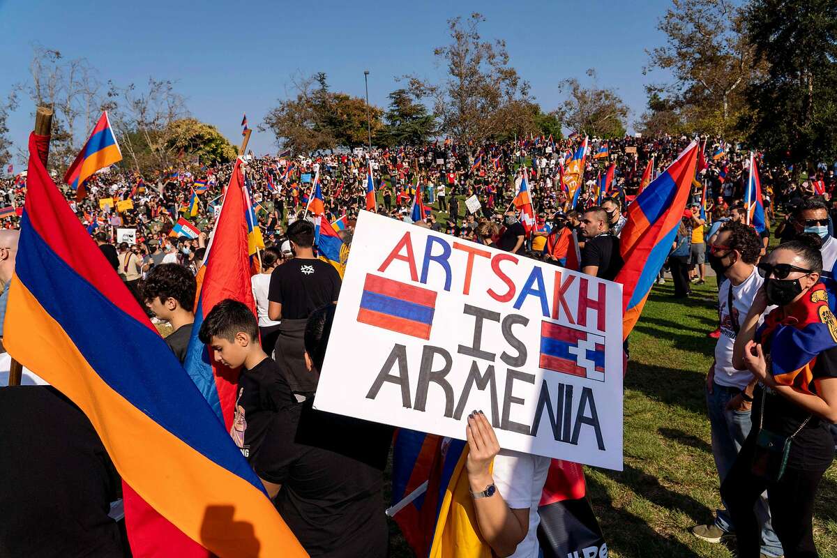 People march from Pan Pacific Park in Los Angeles to the Consulate General of Turkey, during an Oct. 11 protest in support of Armenia and Karabakh amid the territorial dispute with Azerbaijan over Nagorno-Karabakh.
