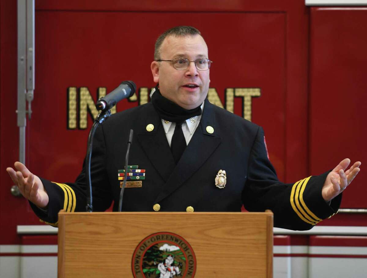 Brian Koczak speaks after being promoted to Assistant Fire Chief at the Public Safety Complex in Greenwich, Conn. Monday, Oct. 26, 2020.