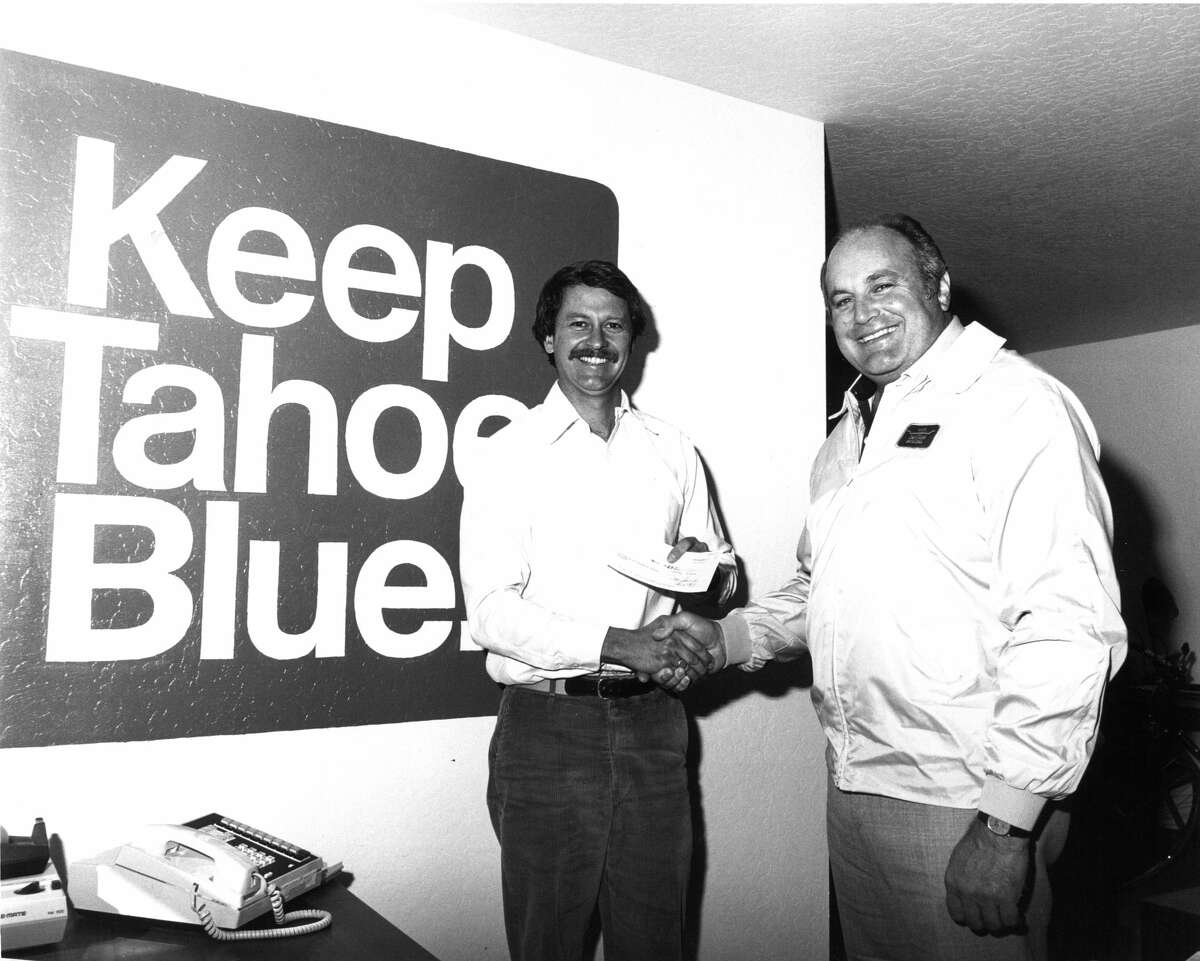 Jim Bruner, (left) the executive director of the League to Save Lake Tahoe from 1973-1984, and then Nevada Governor Mike O'Callaghan in the 1970s, when development was unchecked in Tahoe.