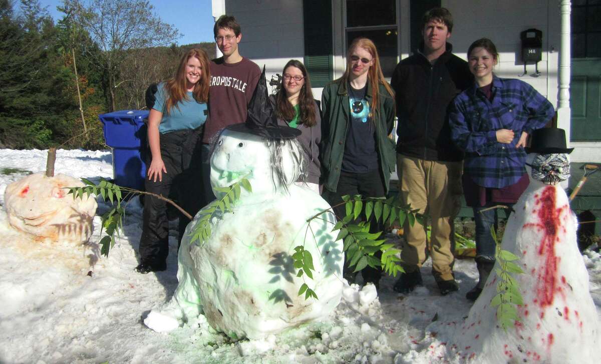 It’s hard to believe it’s been nine years since Storm Alfred rolled through the area, dumping snow on Halloween. The snow couldn’t diminish the Halloween spirit of five young New Milford adults and a friend from New Fairfield, though. Just hours after snow had stopped falling, the snow artists dug into the newly fallen white stuff and created a trio of Halloween snowmen. Taking a moment to pose in front of a home along Poplar Street in New Milford are, from left to right, front row, "Jack, the Halloween snow pumpkin," Jack's significant other, "Jill," and the rather fearsome looking "Hannibal;" back row, Lauren Robideau, Joseph Benedict, Lauren Korn of New Fairfield, Carl Nelson, Lauren's brother, Jaden Robideau, and Emma Stanley. If you have a “Flashback” photograph to share, contact Deborah Rose at drose@newstimes.com.