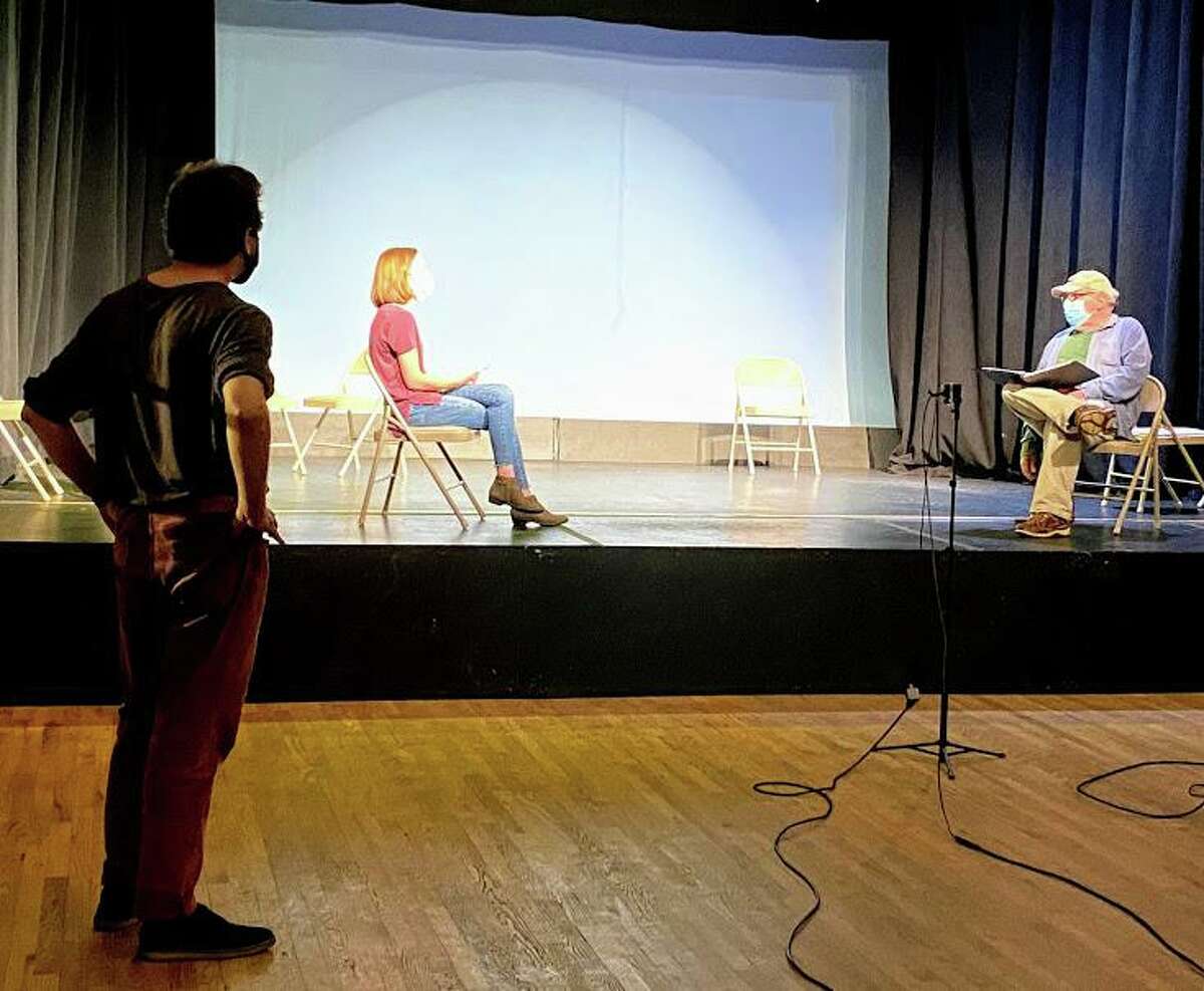 Rehearsal for Frost/Nixon with director, Jeremy Funke, Nicole Neurohr (Frost), and John Atkin (Nixon).