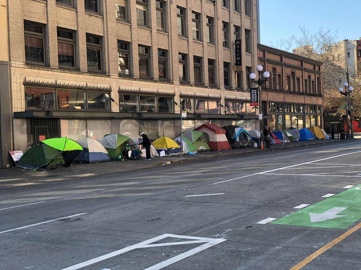 Tents lining the street in Seattle during the Covid-19 shutdown.