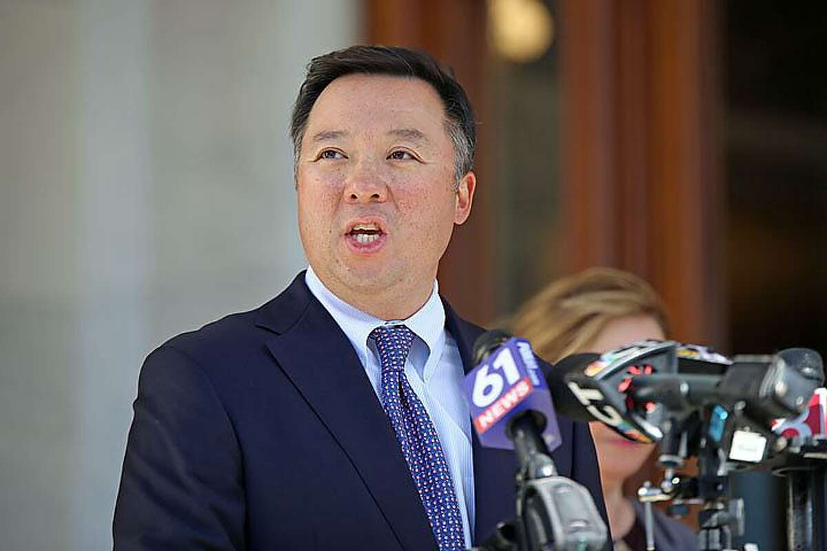 Attorney General William Tong participated in a press conference at the state Capitol Thursday, Oct. 15, 2020, to make clear the state will not tolerate voter intimidation at the polls.