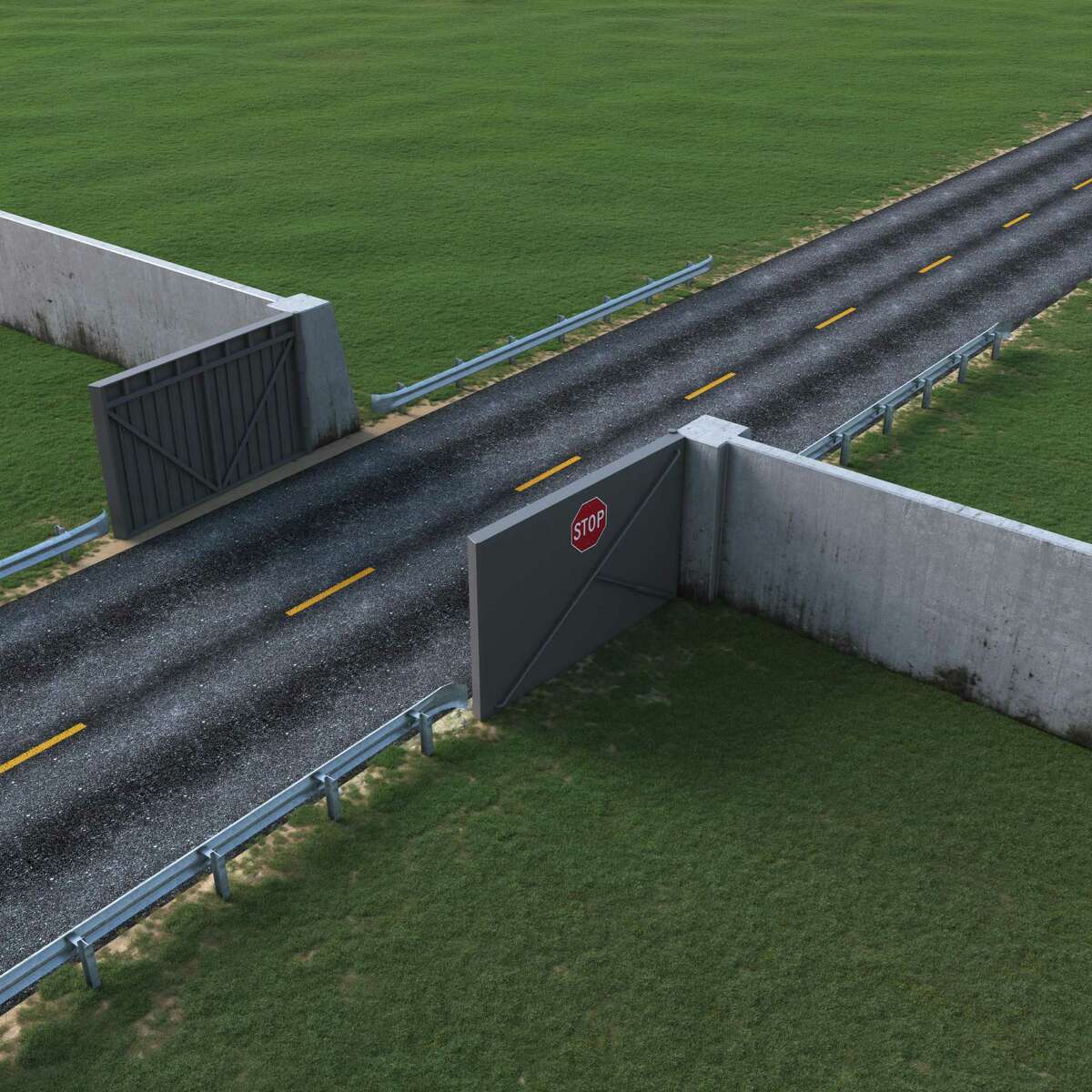 A rendering of a "ring" barrier bisecting a road on Galveston island, part of a proposed coastal barrier system for southeast Texas. The ring barrier’s floodwalls and gates have been set at an elevation of 14 feet, and the plan would add a forced drainage system consisting of approximately six new pump stations to move water off the island.