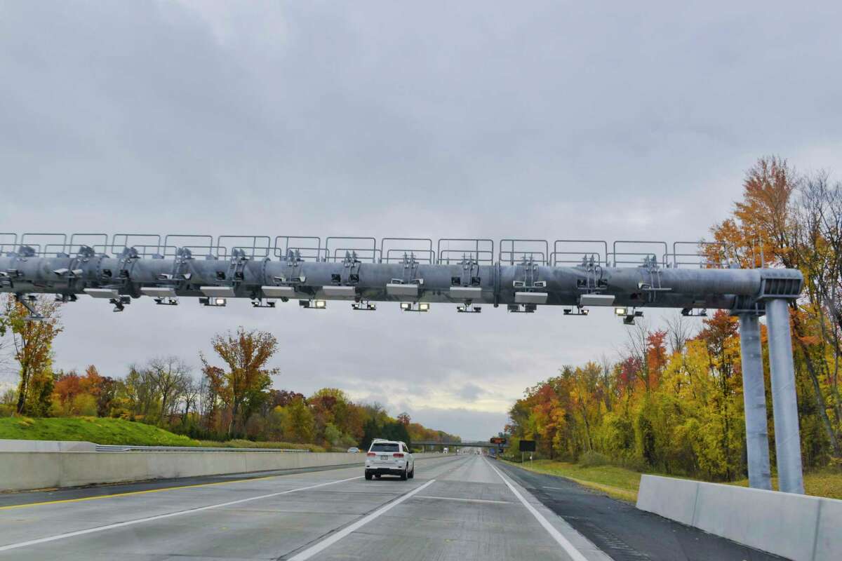 A view of the New York State Thruway Authority gantry on Interstate 87 between exit 24 and 23 on Tuesday, Oct. 20, 2020, in Albany, N.Y. (Paul Buckowski/Times Union)