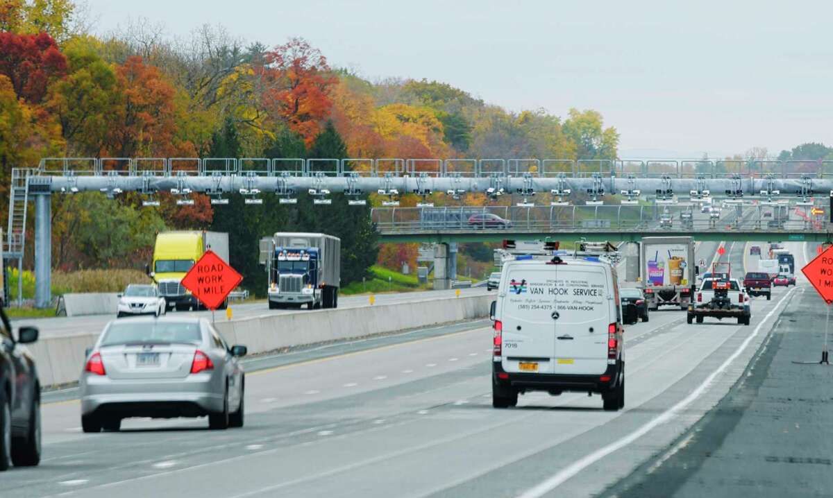 A view of the New York State Thruway Authority gantry on Interstate 87 between exit 24 and 23 on Tuesday, Oct. 20, 2020, in Albany, N.Y. (Paul Buckowski/Times Union)
