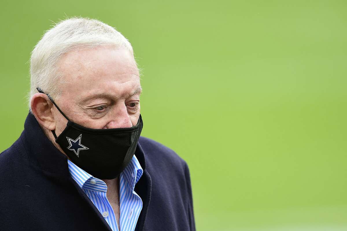 FILE:  Jerry Jones, owner of the Dallas Cowboys, looks on before the game against the Washington Football Team at FedExField on October 25, 2020 in Landover, Maryland. (Photo by Patrick McDermott/Getty Images)