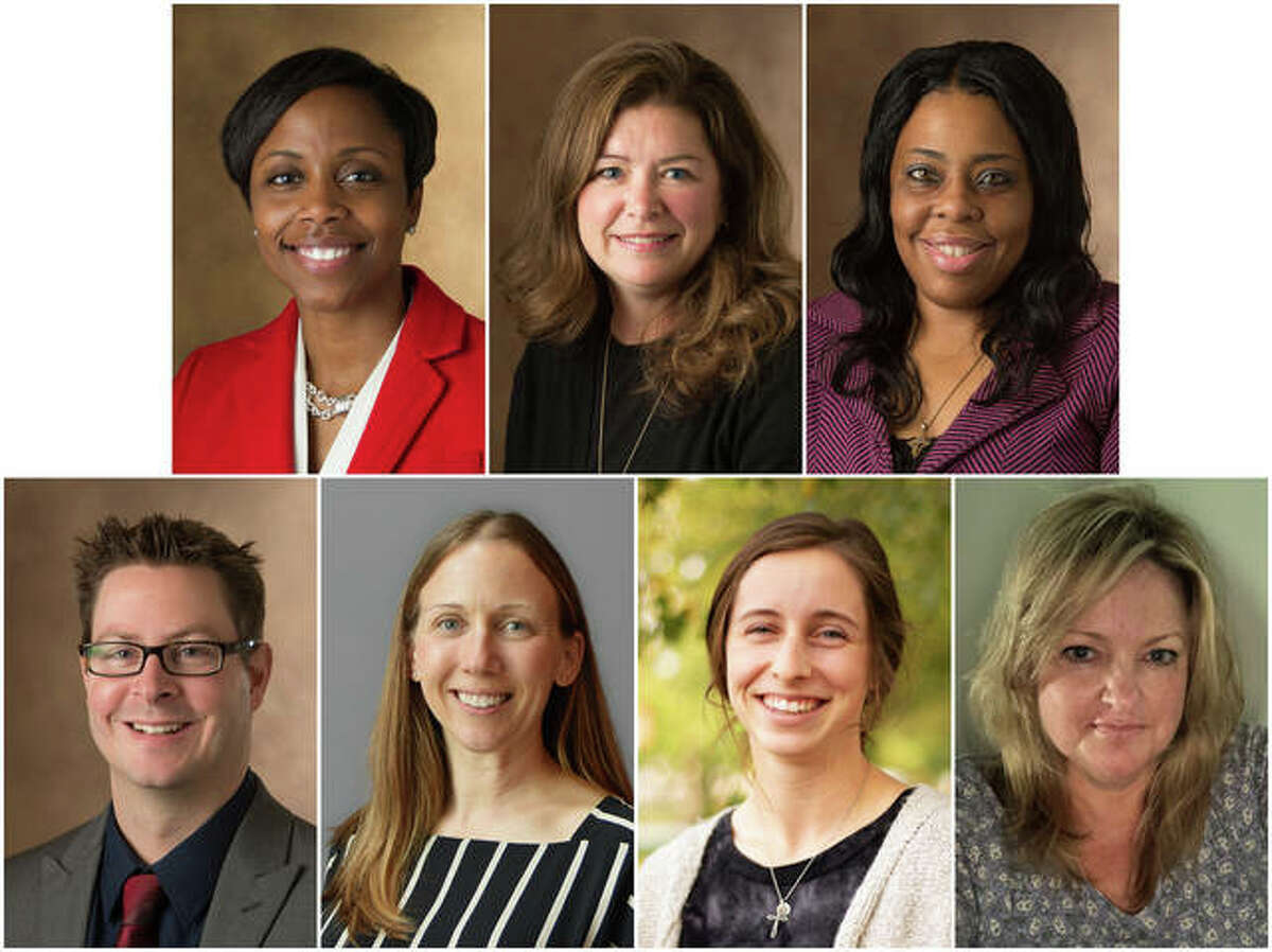 SIUE School of Nursing finalists for March of Dimes 2020 Nurse of the Year Awards include, from left, top, Jerrica Ampadu, Sheri Compton-McBride and Tracy Cooley, and, bottom, Kevin Stein, Annie Imboden, student Sydney Kesner, and Nancy Kurilla.
