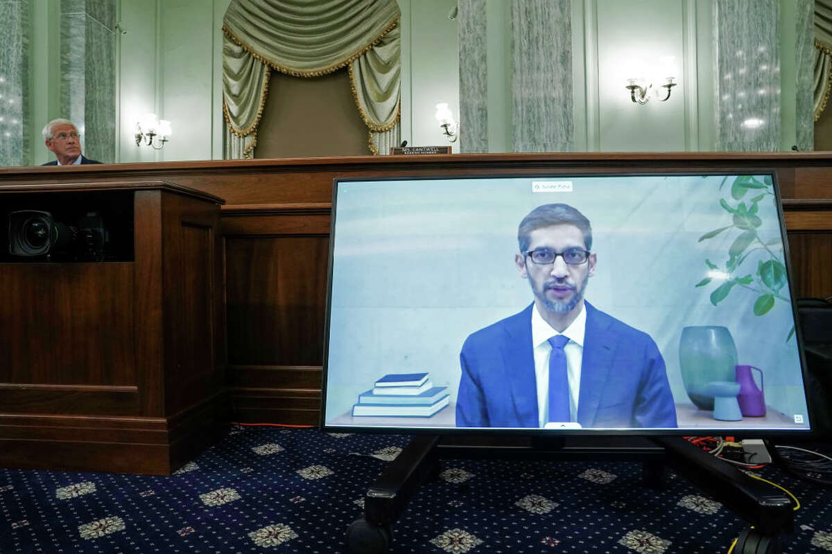 WASHINGTON, DC - OCTOBER 28: Google CEO Sundar Pichai gives his opening statement remotely as Chairman Roger Wicker (R-MS) looks on during a Senate Commerce, Science, and Transportation Committee hearing with big tech companies October 28, 2020 on Capitol Hill in Washington, DC. The committee is discussing reforming Section 230 of the Communications Decency Act. (Photo by Greg Nash-Pool/Getty Images)