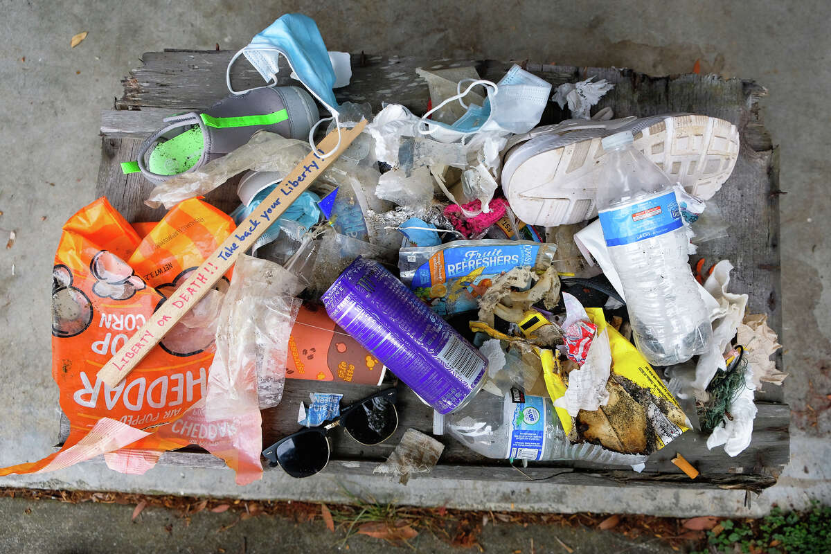 A portion of the trash collected by the author during a one-person cleanup at Sharp Park Beach, Pacifica, on a recent afternoon in October.