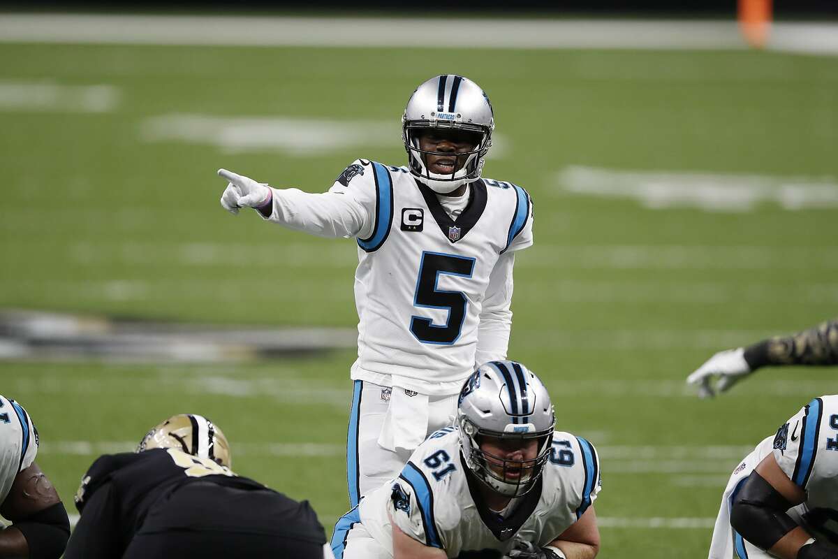 Carolina Panthers quarterback Teddy Bridgewater (5) during an NFL football game against the New Orleans Saints, Sunday, Oct. 25, 2020, in New Orleans. (AP Photo/Tyler Kaufman)