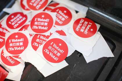 Stickers at the ballot drop stop at the Alameda County courthouse in Oakland on Wednesday.