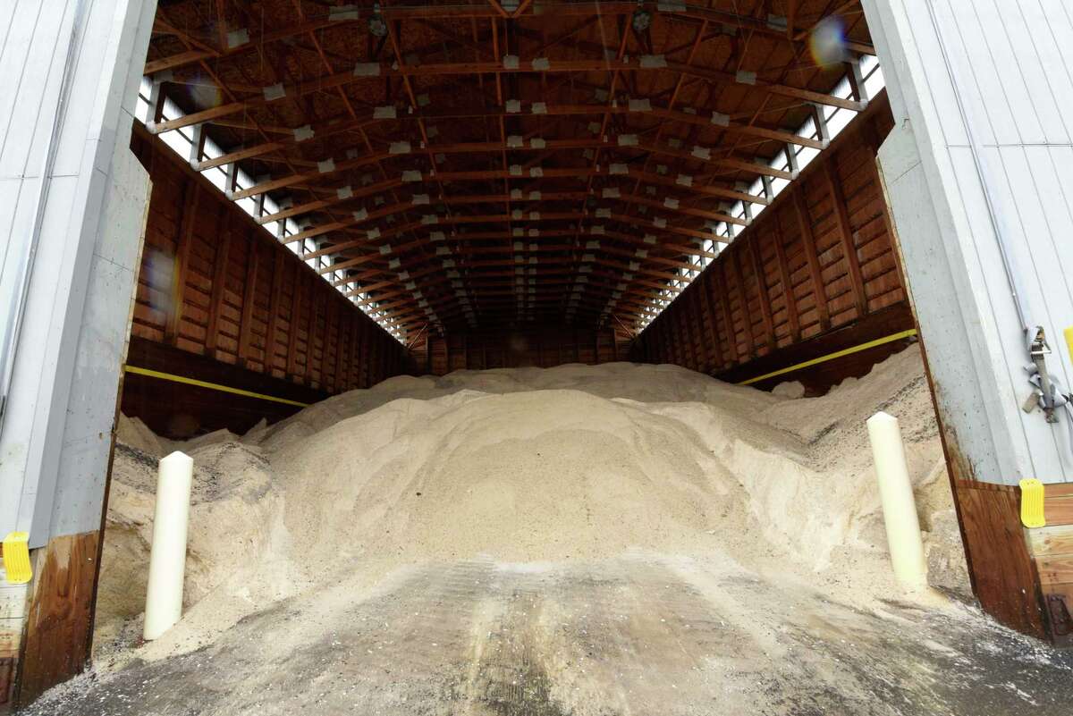 Road salt is seen in the shed as Department of Transportation workers get snowplows ready for potential snow expected early tomorrow morning Thursday, Oct. 29, 2020 in Latham, N.Y. (Lori Van Buren/Times Union)