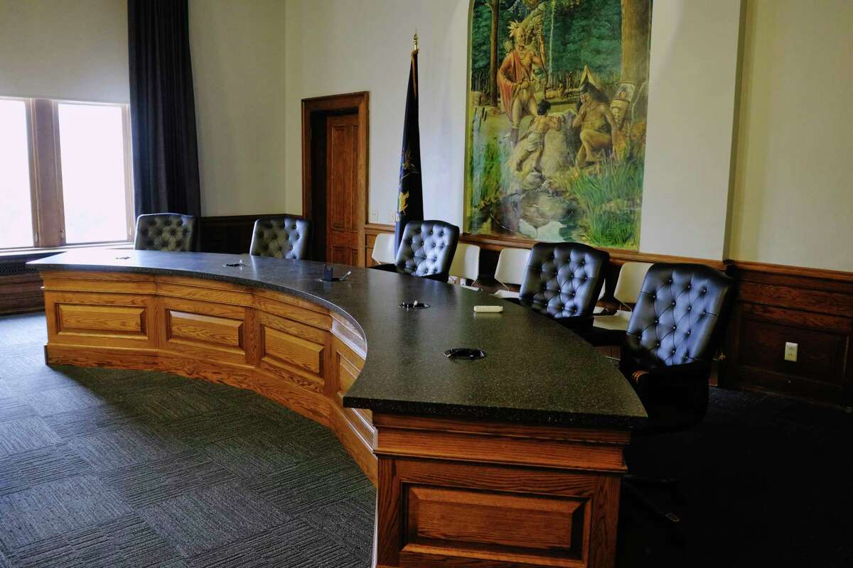A view of the new table inside the City Council room in City Hall on Thursday, Oct. 29, 2020, in Saratoga Springs, N.Y. (Paul Buckowski/Times Union)