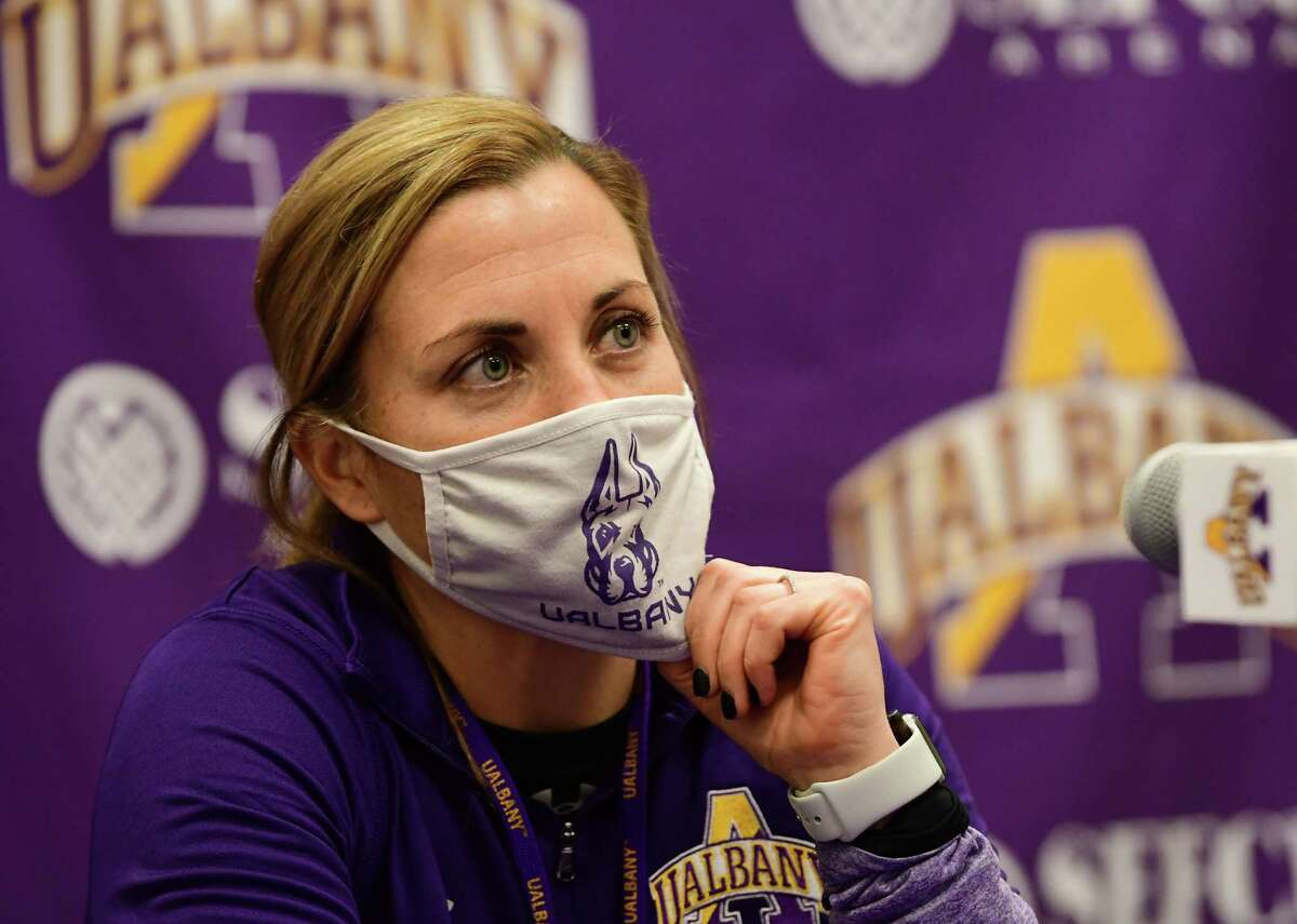 University at Albany women's basketball coach Colleen Mullen answers questions from the media after the team practiced in the SEFCU Arena at University at Albany on Wednesday, Oct. 28, 2020 in Albany, N.Y. (Lori Van Buren/Times Union)