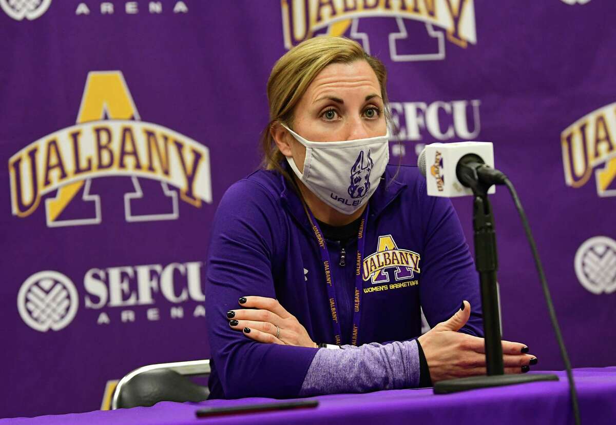 University at Albany women's basketball coach Colleen Mullen answers questions from the media after the team practiced in the SEFCU Arena at University at Albany on Wednesday, Oct. 28, 2020 in Albany, N.Y. (Lori Van Buren/Times Union)