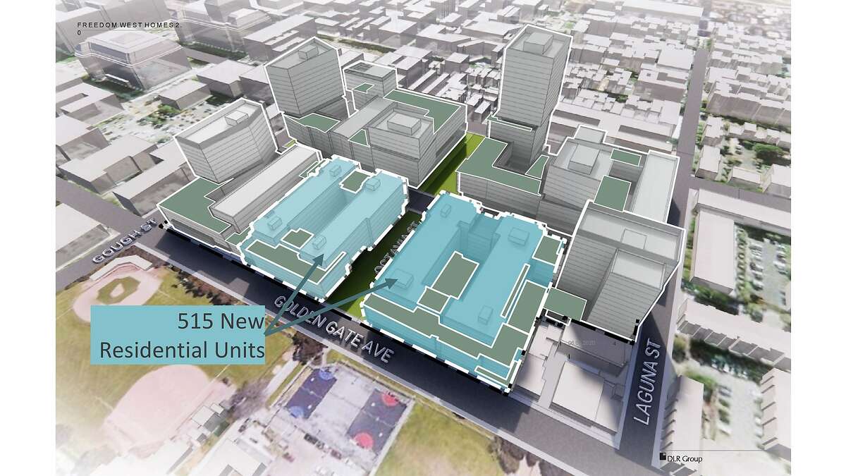 A site plan of the proposed Freedom West project. The blue highlighted structures would be affordable housing, while the surrounding taller buildings would be market-rate.